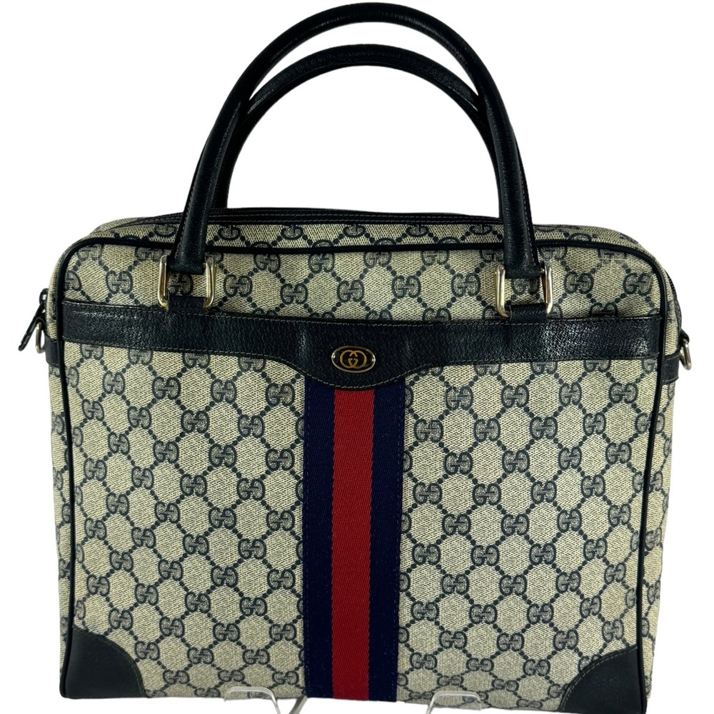 GUCCI Navy Blue GG Canvas Leather Sherry Line Accessory Collection Satchel Bag